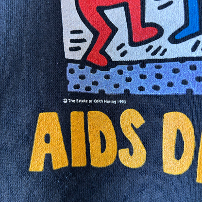 90's Hanes キース・ヘリング"AIDS DANCE-A-THON" アートプリントスウェット 黒(L)A2244S-SO