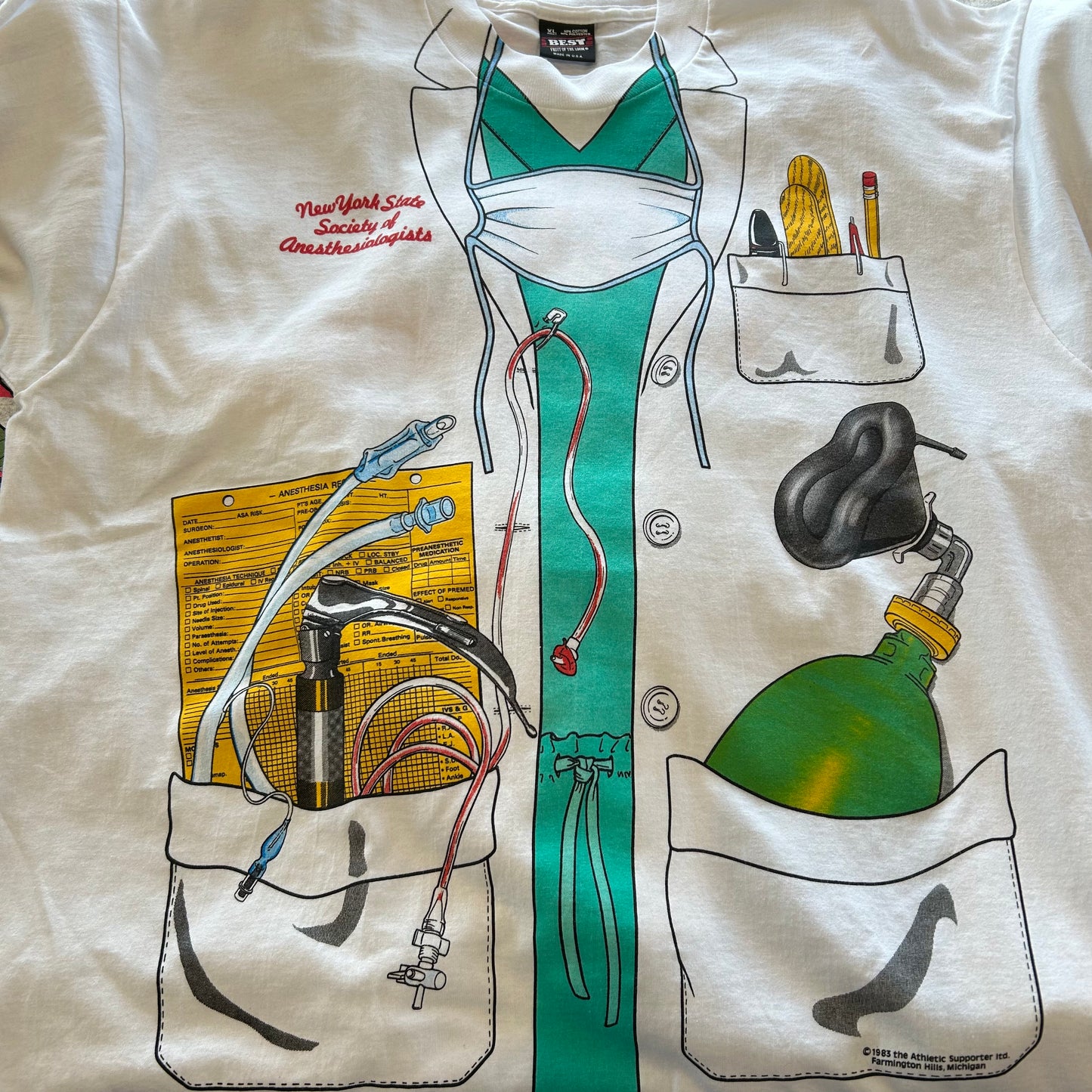 ８0's Fruit of The Loom ニューヨーク州麻酔科学会 白衣騙し絵Tシャツ 白 (XL)/B2416T-SO