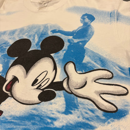 90's Disney ディズニー ミッキーマウス サーフィン オールオーバープリント Tシャツ 白 ワンサイズ B3093T-SO