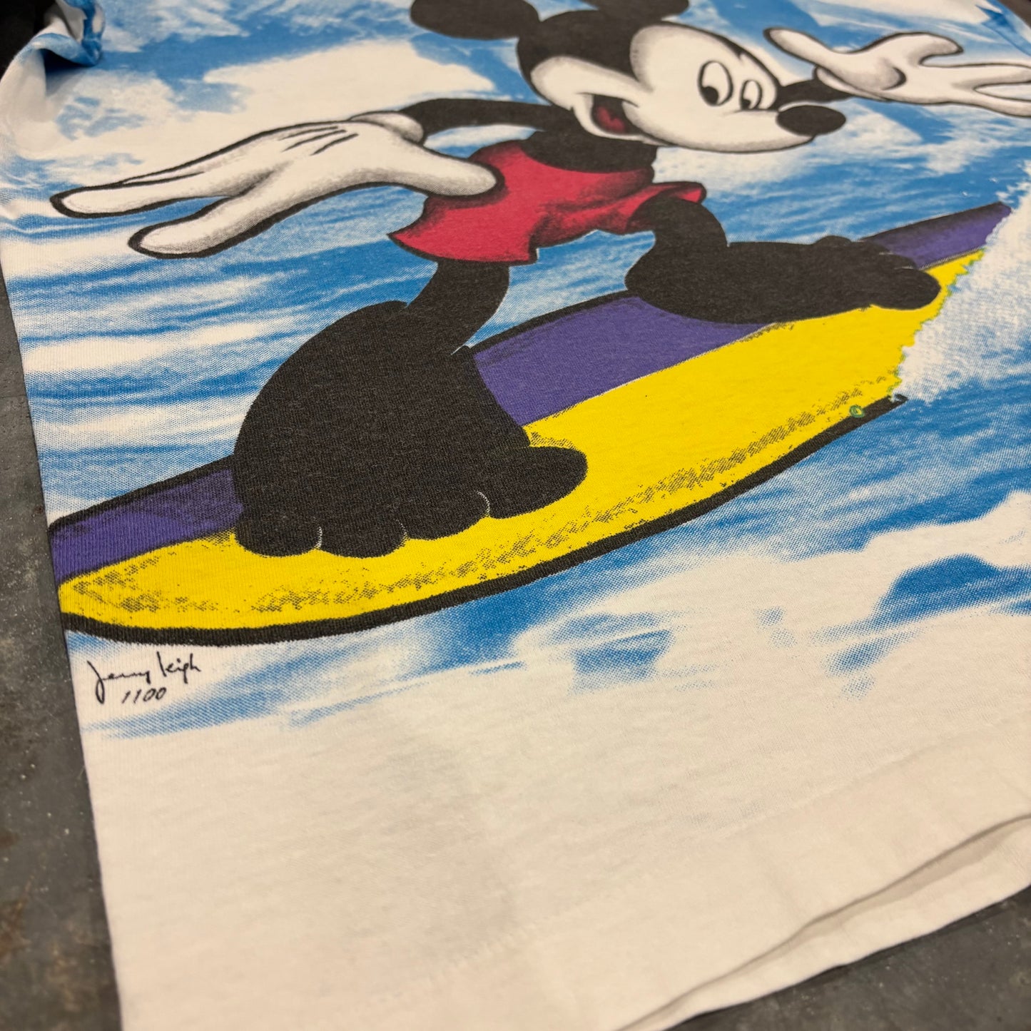 90's Disney ディズニー ミッキーマウス サーフィン オールオーバープリント Tシャツ 白 ワンサイズ B3093T-SO
