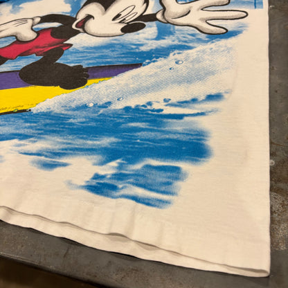 90's Disney ディズニー ミッキーマウス サーフィン オールオーバープリント Tシャツ 白 ワンサイズ B3093T-SO