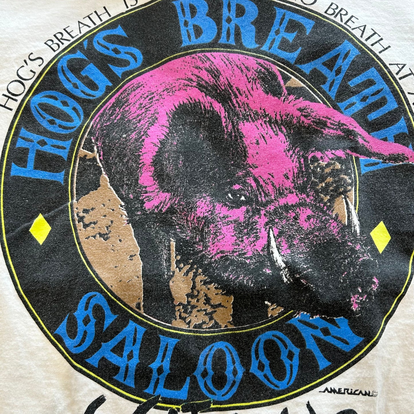 90's Fruit of the loom レストラン＆バー ホッグズ・ブレス・サルーン ショップロゴ プリントTシャツ 白(XL)/B1945T-SO