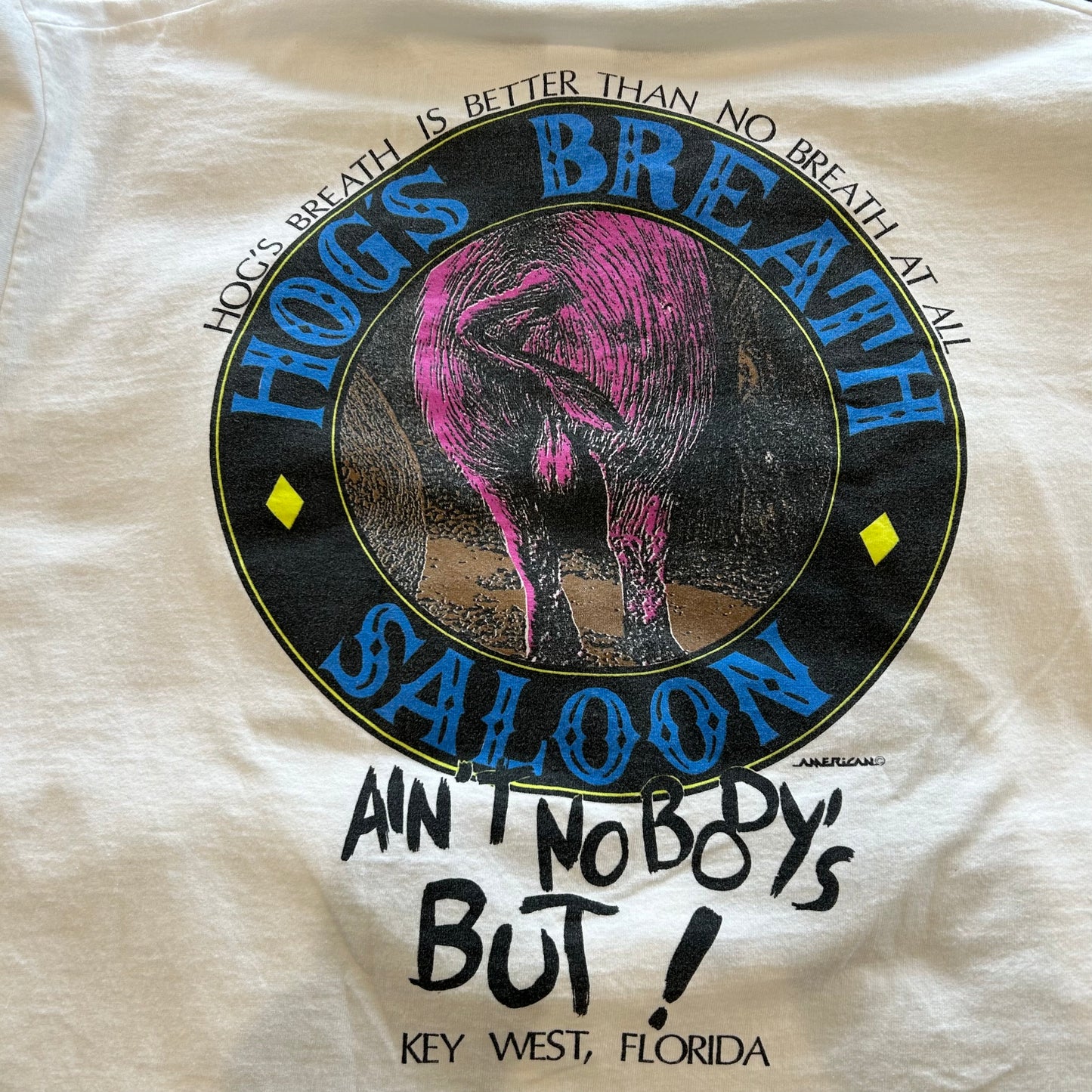 90's Fruit of the loom レストラン＆バー ホッグズ・ブレス・サルーン ショップロゴ プリントTシャツ 白(XL)/B1945T-SO